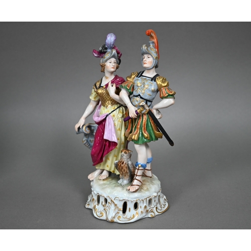 570 - A Dresden porcelain group, Mars with Minerva, an owl at her feet, 23 cm high (Mars' hand repaired)