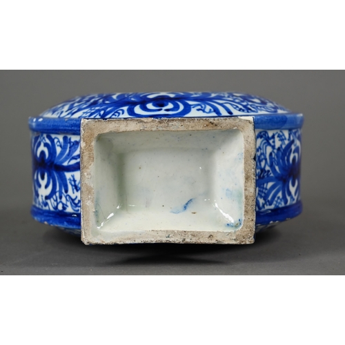 574 - A 19th century Continental blue and white tin-glazed chevrette (water-carrier) of moon-flask form, p... 