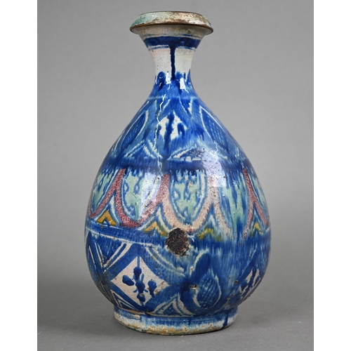 575 - A majolica pear-shaped vase with flared neck decorated in the Isnic manner in blue, green, red and y... 