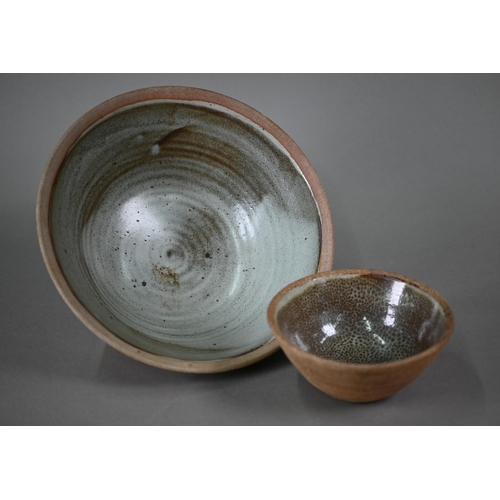 576 - Two Leach pottery, St Ives stoneware bowls with glazed interiors, impressed with studio mark and 'En... 