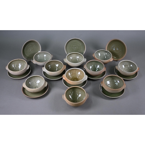 577 - Leach Pottery St Ives - a part set of eleven 12cm soup bowls and ten 15 cm saucers, with glazed inte... 