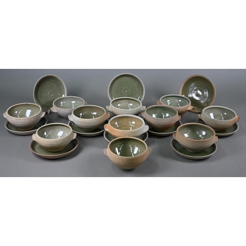 577 - Leach Pottery St Ives - a part set of eleven 12cm soup bowls and ten 15 cm saucers, with glazed inte... 