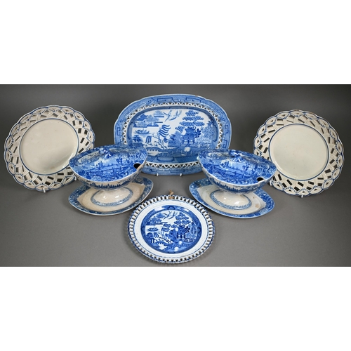 578 - A scarce pair of 18th century Luxembourg pottery 22 cm plates, the pierced basket-work rims with spa... 