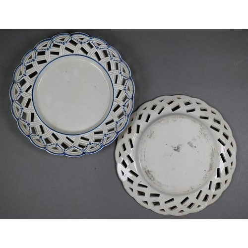 578 - A scarce pair of 18th century Luxembourg pottery 22 cm plates, the pierced basket-work rims with spa... 