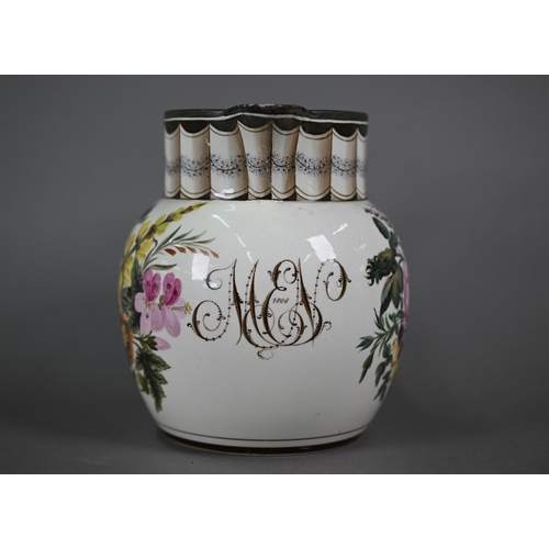 581 - A Regency creamware jug with trompe l'oeuil pleated neck above 'MEN' monogram dated 1808, flanked by... 