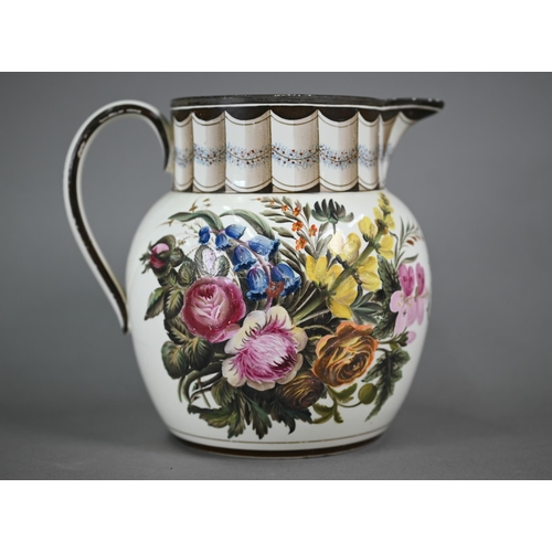 581 - A Regency creamware jug with trompe l'oeuil pleated neck above 'MEN' monogram dated 1808, flanked by... 