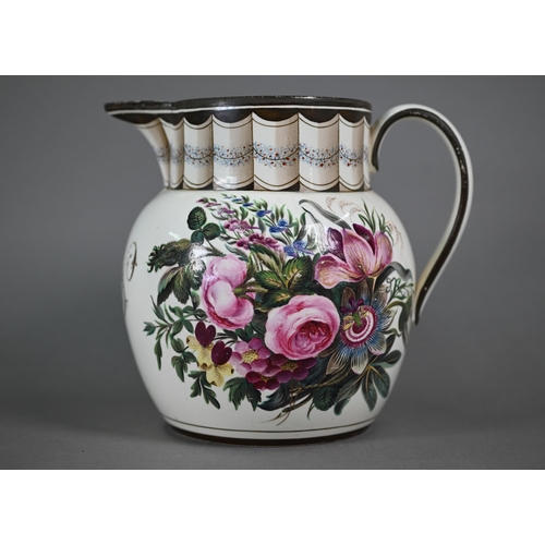 581 - A Regency creamware jug with trompe l'oeuil pleated neck above 'MEN' monogram dated 1808, flanked by... 