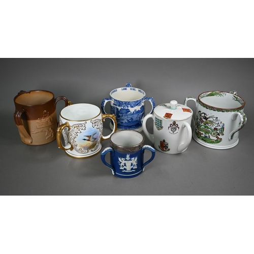 596 - A W H Goss china large three-handled wassailing cup and cover, printed with The Trusty Servant, and ... 