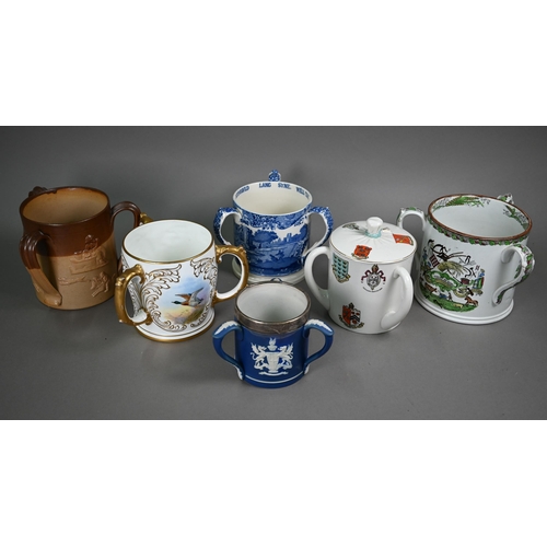 596 - A W H Goss china large three-handled wassailing cup and cover, printed with The Trusty Servant, and ... 