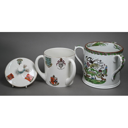 596 - A W H Goss china large three-handled wassailing cup and cover, printed with The Trusty Servant, and ... 