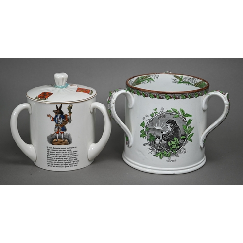 596 - A W H Goss china large three-handled wassailing cup and cover, printed with The Trusty Servant, and ... 