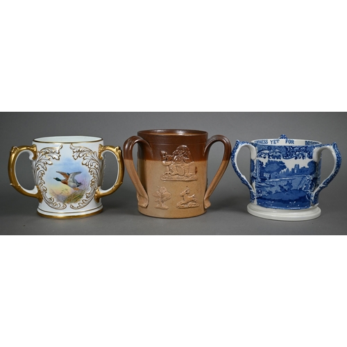 596 - A W H Goss china large three-handled wassailing cup and cover, printed with The Trusty Servant, and ... 