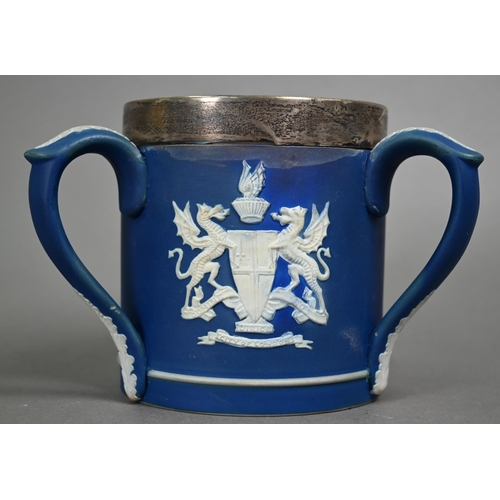 596 - A W H Goss china large three-handled wassailing cup and cover, printed with The Trusty Servant, and ... 