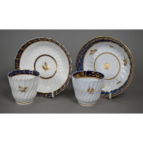 597 - A matched set of ten Worcester 'Flight & Barr' period tea cups and saucers with writhen reeding ... 