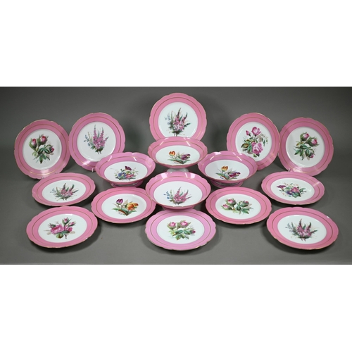 601 - A Victorian china fruit service with floral specimen painted centres with pink and gilt borders, com... 