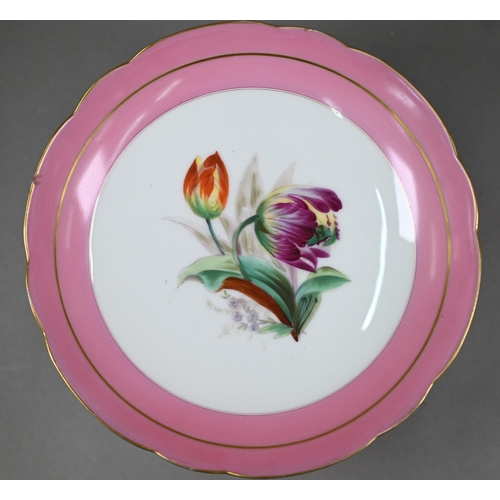 601 - A Victorian china fruit service with floral specimen painted centres with pink and gilt borders, com... 