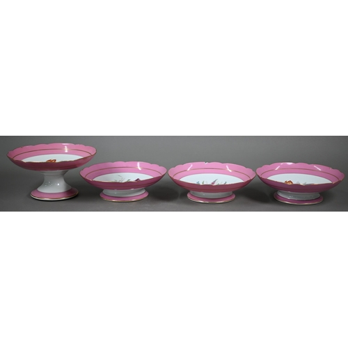 601 - A Victorian china fruit service with floral specimen painted centres with pink and gilt borders, com... 