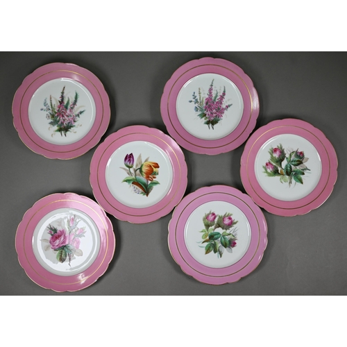 601 - A Victorian china fruit service with floral specimen painted centres with pink and gilt borders, com... 