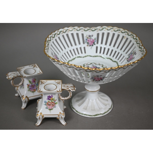 608 - A pair of Dresden china floral-painted chambersticks to/w a Haviland Limoges stemmed basket, five Li... 