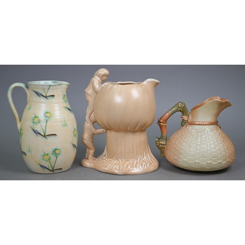 609 - An Edwardian Royal Worcester blush-ground jug moulded with basket-work and mounted with a gilt lizar... 