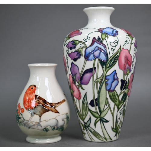 617 - A Moorcroft 'Sweetness' cream-ground vase, 24 cm to/w a smaller vase decorated with a Robin and Holl... 