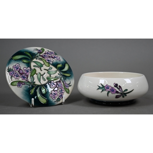 624 - A Moorcroft 'Meadow Thyme' bowl and cover by Nicola Stanley 2015 12.5 cm to/w two boxed Royal Worces... 