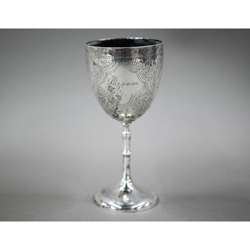 63 - A Victorian silver goblet with engraved decoration, maker CH, London 1864, 4.5oz, 15cm high