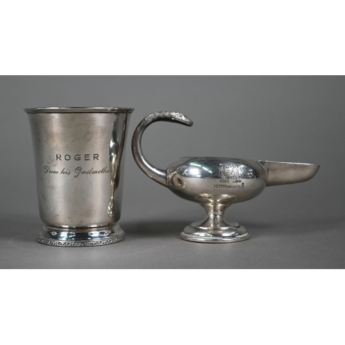 64 - A small silver Christening mug, Birmingham 1935, to/w a small Aladdin's lamp style table lighter (in... 