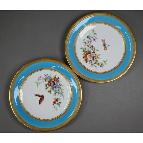 666 - A set of six Victorian Graingers Worcester cabinet plates, finely painted with flowers and insects w... 
