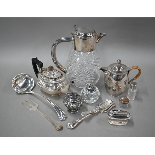 7 - A cut glass punch jug with electroplated collar, cover and handle, to/w a plated on copper bachelor ... 