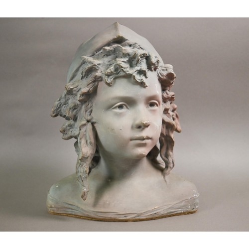 75 - An Art Nouveau head and shoulder ceramic bust of a young girl, modelled with cap and ringlets, later... 