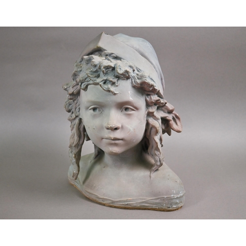 75 - An Art Nouveau head and shoulder ceramic bust of a young girl, modelled with cap and ringlets, later... 