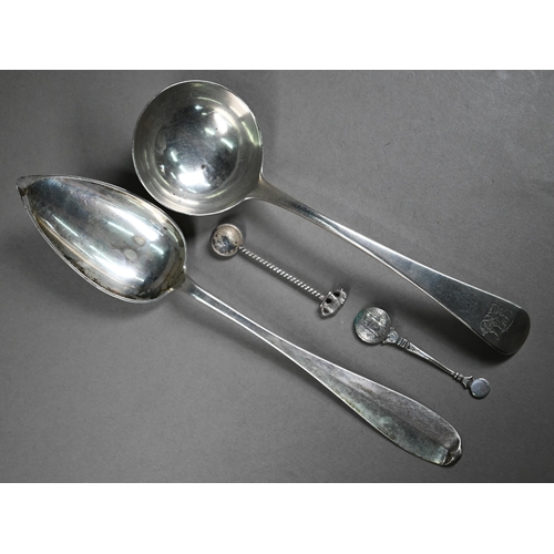 89 - A George III silver old English pattern sauce ladle, London 1815, to/w a small stemmed bonbon dish B... 