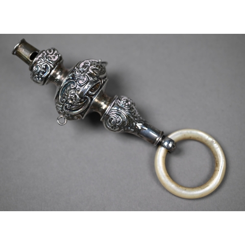 98 - An Edwardian silver baby's rattle with whistle and mother of pearl teething-ring, Birmingham 1906, t... 