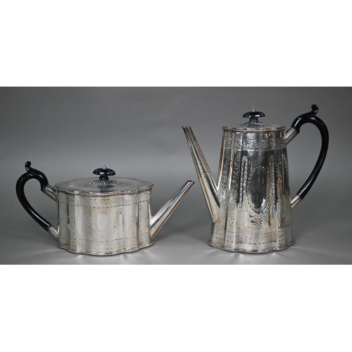 99 - A Victorian engraved silver four-piece tea/coffee service with ebonised handles and finials, Henry H... 