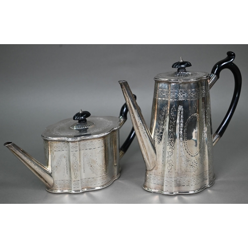 99 - A Victorian engraved silver four-piece tea/coffee service with ebonised handles and finials, Henry H... 