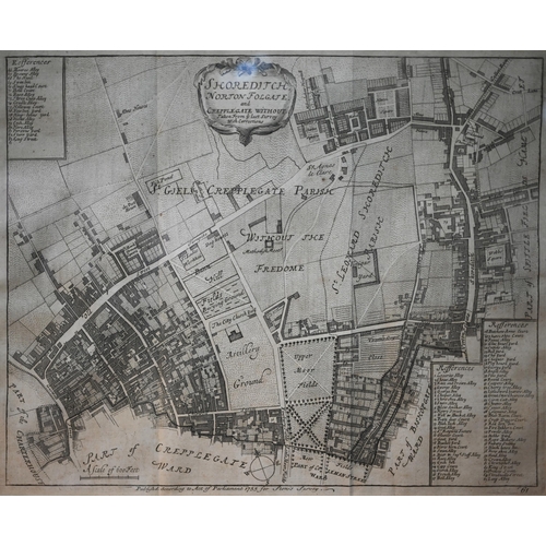 1050 - Two 1755 map engravings of London's East End, after John Stow's 1720 survey, 'Shoreditch' and 'St Jo... 