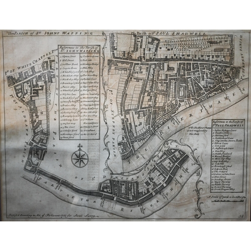 1050 - Two 1755 map engravings of London's East End, after John Stow's 1720 survey, 'Shoreditch' and 'St Jo... 