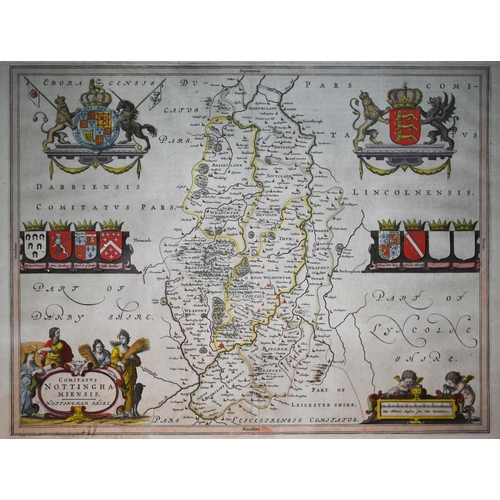 1051 - A 17th century county map engraving by Johannes Blaeu, Nottinghamshire, 39 x 50.5 cm, framed with te... 