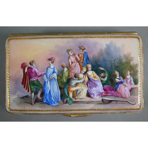 1071 - A circa 19th century French enamel snuff box, the cover and base painted with Watteauesque figures, ... 