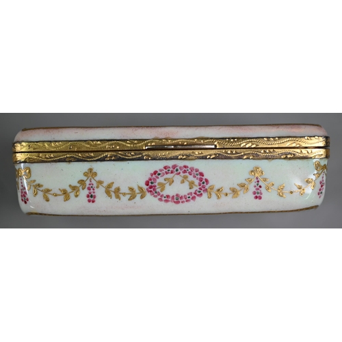 1071 - A circa 19th century French enamel snuff box, the cover and base painted with Watteauesque figures, ... 