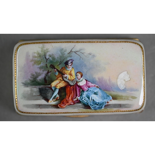 1071 - A circa 19th century French enamel snuff box, the cover and base painted with Watteauesque figures, ... 