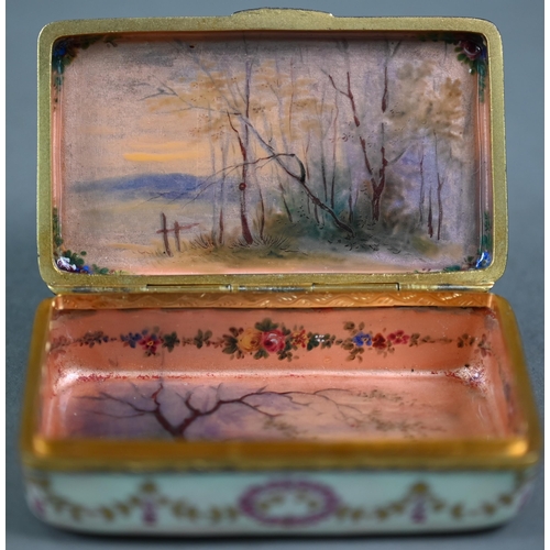 1071 - A circa 19th century French enamel snuff box, the cover and base painted with Watteauesque figures, ... 