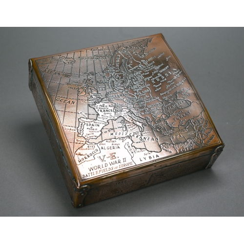 1076 - A World War II brass cigar box, the cover engraved with 'V-E World War II Battlefields of Europe', a... 