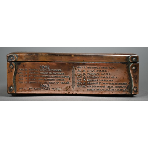 1076 - A World War II brass cigar box, the cover engraved with 'V-E World War II Battlefields of Europe', a... 