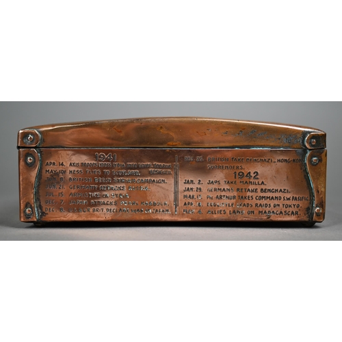 1076 - A World War II brass cigar box, the cover engraved with 'V-E World War II Battlefields of Europe', a... 