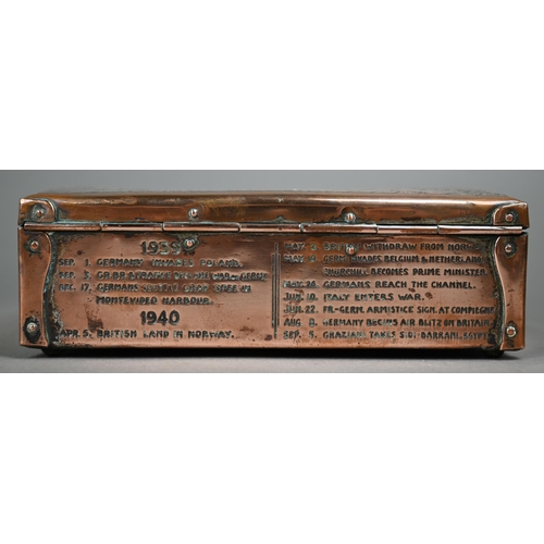 1076 - A World War II brass cigar box, the cover engraved with 'V-E World War II Battlefields of Europe', a... 