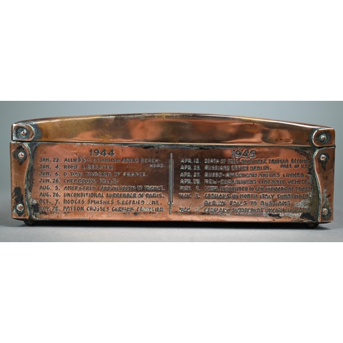 1076 - A World War II brass cigar box, the cover engraved with 'V-E World War II Battlefields of Europe', a... 