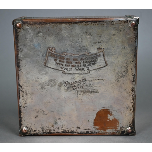 1076 - A World War II brass cigar box, the cover engraved with 'V-E World War II Battlefields of Europe', a... 