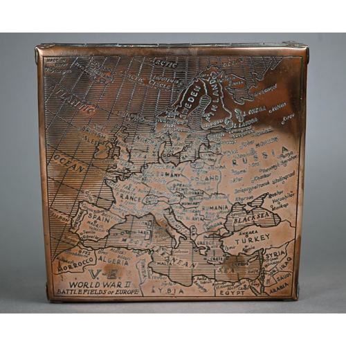 1076 - A World War II brass cigar box, the cover engraved with 'V-E World War II Battlefields of Europe', a... 